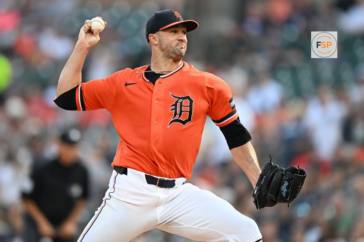 Jul 10, 2026; Detroit, Michigan, USA;  Detroit Tigers starting pitcher Jack Flaherty (9) throws a pitch against the Philadelphia Phillies in the first inning at Comerica Park. Credit: Lon Horwedel-Imagn Images