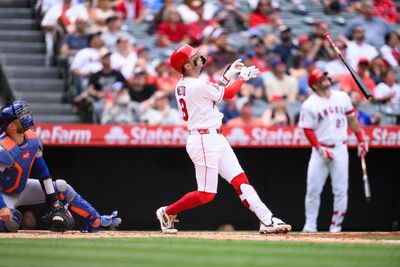 May 3, 2026; Anaheim, California, USA; Los Angeles Angels shortstop Zach Neto (9) drops his bat while swinging during the third inning against the New York Mets at Angel Stadium. Mandatory Credit: William Liang-Imagn Images