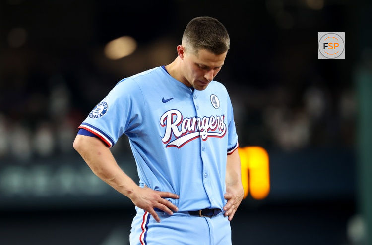 Jun 1, 2025; Arlington, Texas, USA; Texas Rangers shortstop Corey Seager (5) reacts during the game against the St. Louis Cardinals at Globe Life Field. Credit: Kevin Jairaj-Imagn Images