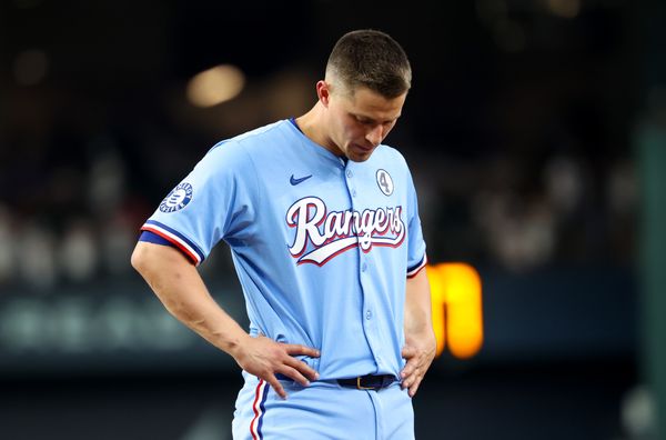 Jun 1, 2025; Arlington, Texas, USA; Texas Rangers shortstop Corey Seager (5) reacts during the game against the St. Louis Cardinals at Globe Life Field. Mandatory Credit: Kevin Jairaj-Imagn Images