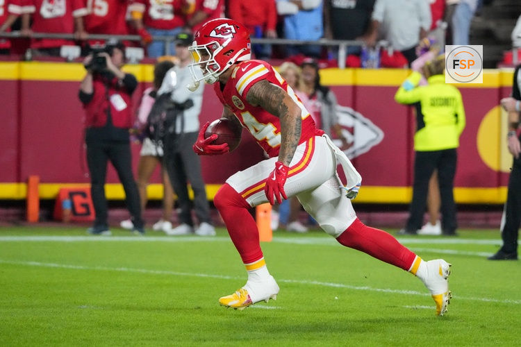Oct 7, 2024; Kansas City, Missouri, USA; Kansas City Chiefs wide receiver Skyy Moore (24) returns a kick against the New Orleans Saints during the game at GEHA Field at Arrowhead Stadium. Credit: Denny Medley-Imagn Images