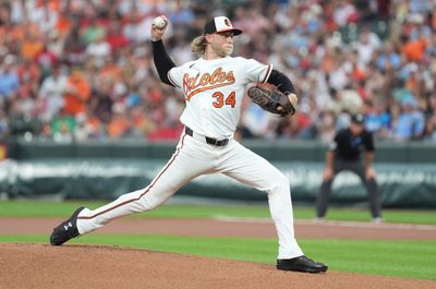 Aug 1, 2026; Baltimore, Maryland, USA; Baltimore Orioles pitcher Shane Baz (34) throws a pitch against the Philadelphia Phillies during the first inning at Oriole Park at Camden Yards. Mandatory Credit: Gregory Fisher-Imagn Images