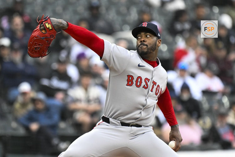 Apr 13, 2025; Chicago, Illinois, USA;  Boston Red Sox pitcher Aroldis Chapman (44) delivers against the Chicago White Sox during the ninth inning at Guaranteed Rate Field. Credit: Matt Marton-Imagn Images
