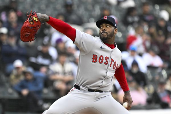 Apr 13, 2025; Chicago, Illinois, USA;  Boston Red Sox pitcher Aroldis Chapman (44) delivers against the Chicago White Sox during the ninth inning at Guaranteed Rate Field. Mandatory Credit: Matt Marton-Imagn Images