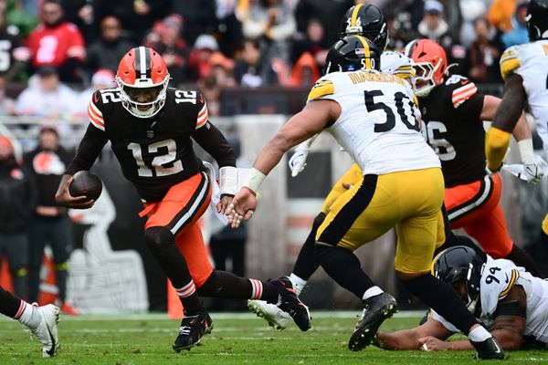 Dec 28, 2025; Cleveland, Ohio, USA; Cleveland Browns quarterback Shedeur Sanders (12) runs the ball in the second quarter against the Pittsburgh Steelers at Huntington Bank Field. Mandatory Credit: Ken Blaze-Imagn Images