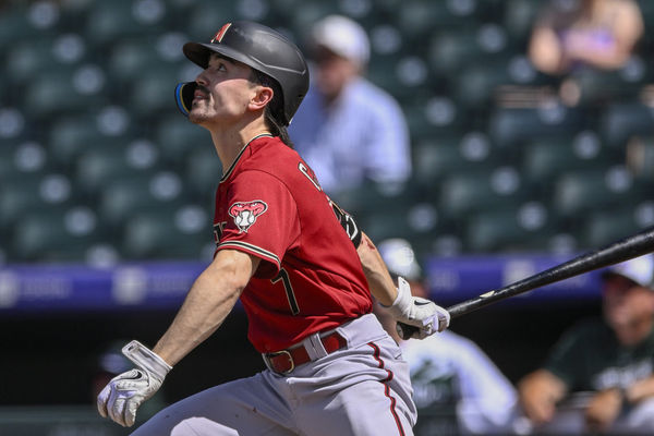 DENVER, CO - AUGUST 16: Arizona Diamondbacks Outfield Corbin Carroll (7) makes contact during a MLB game between the Colorado Rockies and Arizona Diamondbacks on August 16, 2023, at Coors Field in Denver, CO. (Photo by Nick Wosika/Icon Sportswire)