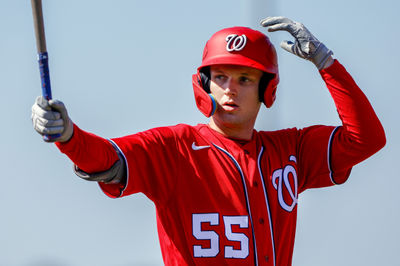 Feb 20, 2023; West Palm Beach, FL, USA; Washington Nationals outfielder Robert Hassell III (55) practices his swing during a spring training workout at The Ballpark of the Palm Beaches. Mandatory Credit: Sam Navarro-USA TODAY Sports