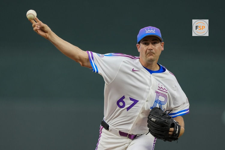 Apr 26, 2026; Kansas City, Missouri, USA; Kansas City Royals pitcher Seth Lugo (67) pitches during the first inning against the Los Angeles Angels at Kauffman Stadium. Credit: Jay Biggerstaff-Imagn Images