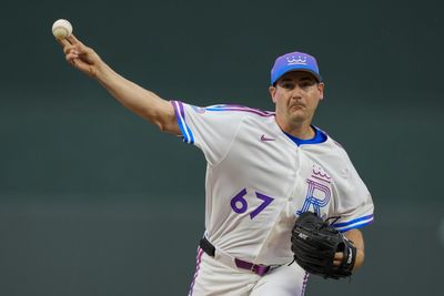 Apr 26, 2026; Kansas City, Missouri, USA; Kansas City Royals pitcher Seth Lugo (67) pitches during the first inning against the Los Angeles Angels at Kauffman Stadium. Mandatory Credit: Jay Biggerstaff-Imagn Images
