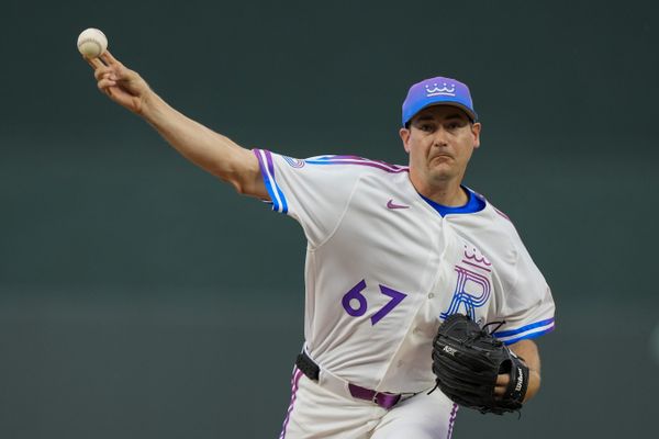 Apr 26, 2026; Kansas City, Missouri, USA; Kansas City Royals pitcher Seth Lugo (67) pitches during the first inning against the Los Angeles Angels at Kauffman Stadium. Mandatory Credit: Jay Biggerstaff-Imagn Images