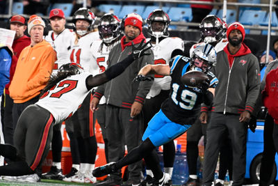 Dec 1, 2024; Charlotte, North Carolina, USA;  Carolina Panthers wide receiver Adam Thielen (19) makes a one handed catch as /Tampa Bay Buccaneers cornerback Tavierre Thomas (37) defends in overtime at Bank of America Stadium. Mandatory Credit: Bob Donnan-Imagn Images