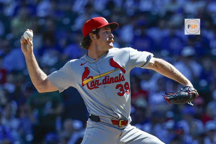 Sep 26, 2025; Chicago, Illinois, USA; St. Louis Cardinals starting pitcher Miles Mikolas (39) delivers a pitch against the Chicago Cubs during the first inning at Wrigley Field. Credit: Kamil Krzaczynski-Imagn Images