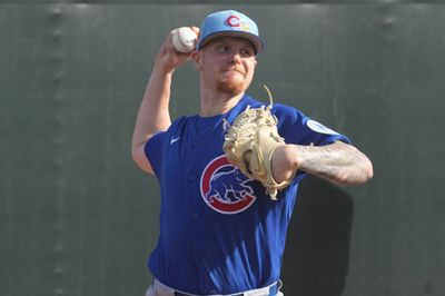 Feb 12, 2026; Mesa, AZ, USA; Chicago Cubs pitcher Cade Horton (22) throws in the bullpen during spring training camp at Sloan Park. Mandatory Credit: Rick Scuteri-Imagn Images