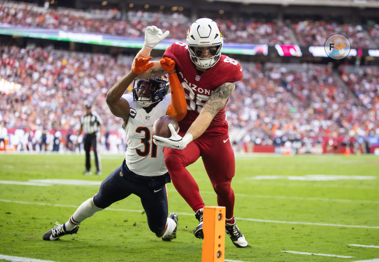 Nov 3, 2024; Glendale, Arizona, USA; Arizona Cardinals tight end Trey McBride (85) scores a touchdown against Chicago Bears safety Kevin Byard III (31) in the first half at State Farm Stadium. Credit: Mark J. Rebilas-Imagn Images