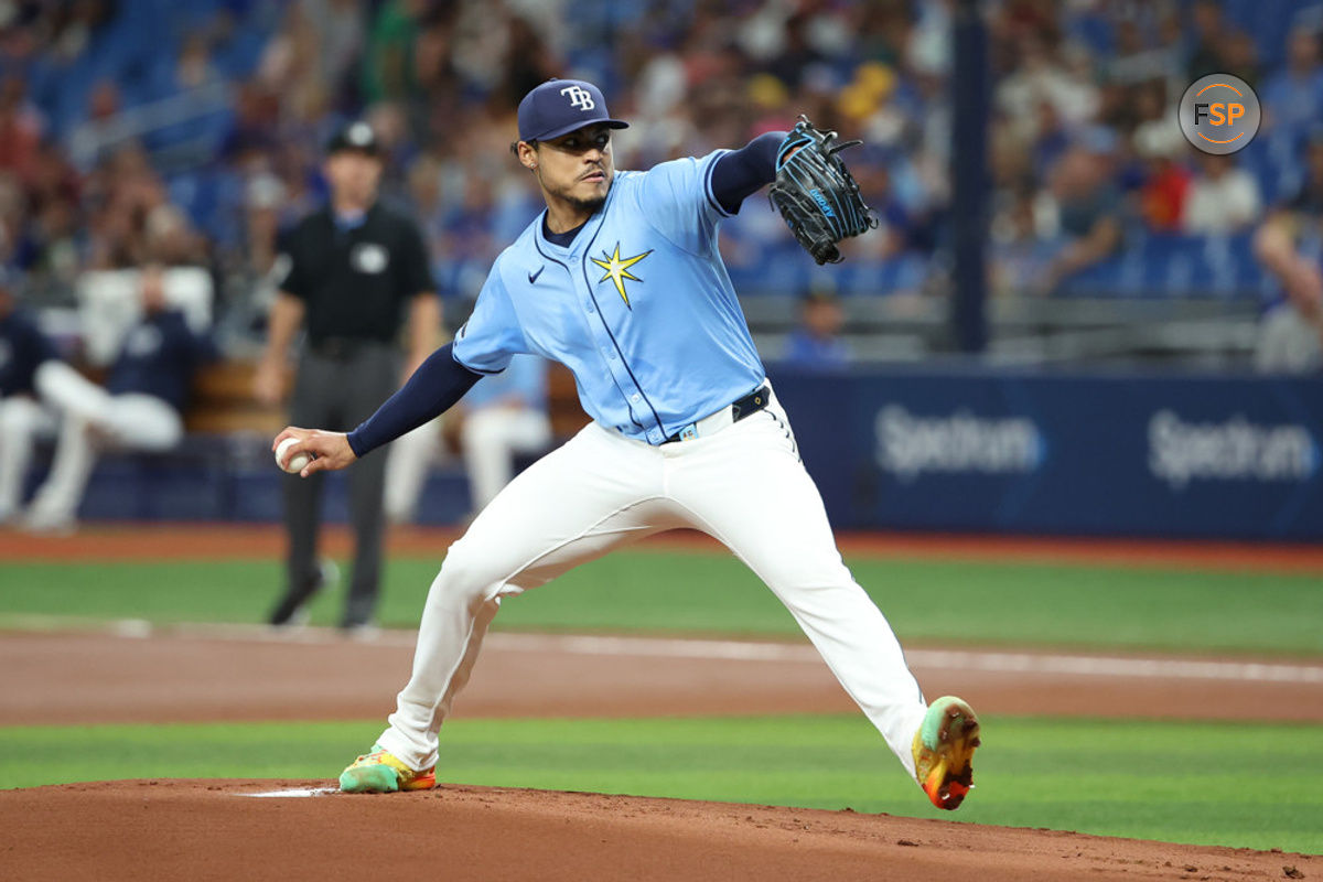 ST. PETERSBURG, FL - JUNE 13: Tampa Bay Rays pitcher Taj Bradley (45) makes the start for the Rays during the game between the Chicago Cubs and the Tampa Bay Rays on Thursday, June 13, 2024 at Tropicana Field in St. Petersburg, Fla. (Photo by Peter Joneleit/Icon Sportswire)