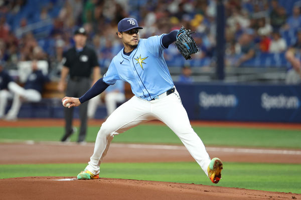 ST. PETERSBURG, FL - JUNE 13: Tampa Bay Rays pitcher Taj Bradley (45) makes the start for the Rays during the game between the Chicago Cubs and the Tampa Bay Rays on Thursday, June 13, 2024 at Tropicana Field in St. Petersburg, Fla. (Photo by Peter Joneleit/Icon Sportswire)