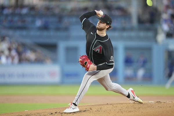May 20, 2025; Los Angeles, California, USA; Arizona Diamondbacks pitcher Ryne Nelson (19) throws a pitch in the first inning against the Los Angeles Dodgers at Dodger Stadium. Mandatory Credit: Kirby Lee-Imagn Images