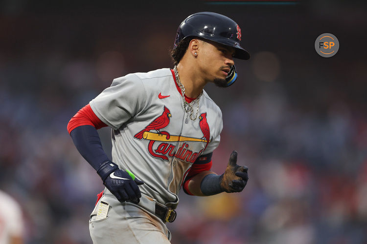 May 14, 2025; Philadelphia, Pennsylvania, USA; St. Louis Cardinals shortstop Masyn Winn (0) runs the bases after hitting a home run during the fourth inning against the Philadelphia Phillies at Citizens Bank Park. Credit: Bill Streicher-Imagn Images
