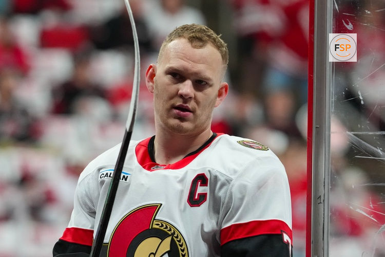 Apr 20, 2026; Raleigh, North Carolina, USA; Ottawa Senators left wing Brady Tkachuk (7) comes off the ice after the warmups before the game against the Carolina Hurricanes in game two of the first round of the 2026 Stanley Cup Playoffs at Lenovo Center. Credit: James Guillory-Imagn Images
