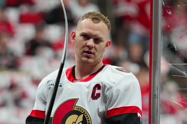 Apr 20, 2026; Raleigh, North Carolina, USA; Ottawa Senators left wing Brady Tkachuk (7) comes off the ice after the warmups before the game against the Carolina Hurricanes in game two of the first round of the 2026 Stanley Cup Playoffs at Lenovo Center. Mandatory Credit: James Guillory-Imagn Images
