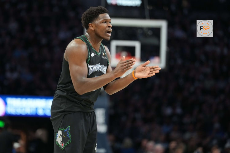May 15, 2026; Minneapolis, Minnesota, USA; Minnesota Timberwolves guard Anthony Edwards (5) looks on against the San Antonio Spurs in the first half during game six of the second round of the 2026 NBA Playoffs at Target Center. Credit: Jesse Johnson-Imagn Images