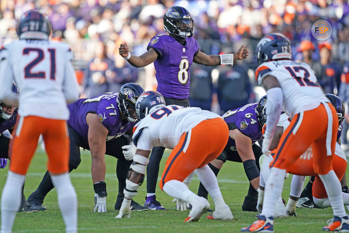 Nov 3, 2024; Baltimore, Maryland, USA; Baltimore Ravens quarterback Lamar Jackson (8) runs the offense during the third quarter against the Denver Broncos at M&T Bank Stadium. Credit: Mitch Stringer-Imagn Images