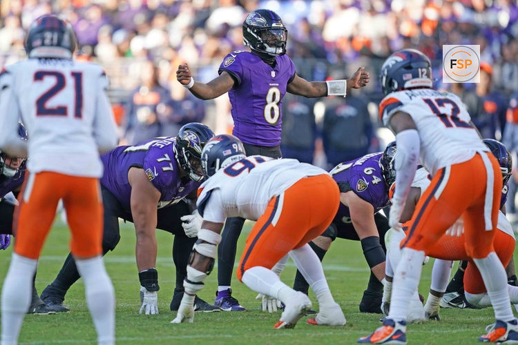 Nov 3, 2024; Baltimore, Maryland, USA; Baltimore Ravens quarterback Lamar Jackson (8) runs the offense during the third quarter against the Denver Broncos at M&T Bank Stadium. Credit: Mitch Stringer-Imagn Images