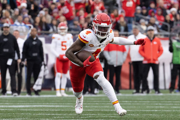 FOXBOROUGH, MA - DECEMBER 17: Kansas City Chiefs wide receiver Rashee Rice (4) turns after a catch during a game between the New England Patriots and the Kansas City Chiefs on December 17, 2023, at Gillette Stadium in Foxborough, Massachusetts. (Photo by Fred Kfoury III/Icon Sportswire)