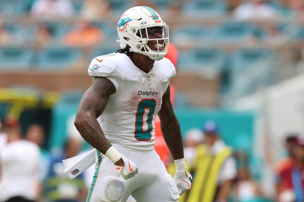 Sep 27, 2026; Miami Gardens, Florida, USA;  Miami Dolphins running back Ollie Gordon II (0) reacts after a play against the Kansas City Chiefs during the third quarter at Hard Rock Stadium.  Mandatory Credit: Nathan Ray Seebeck-Imagn Images