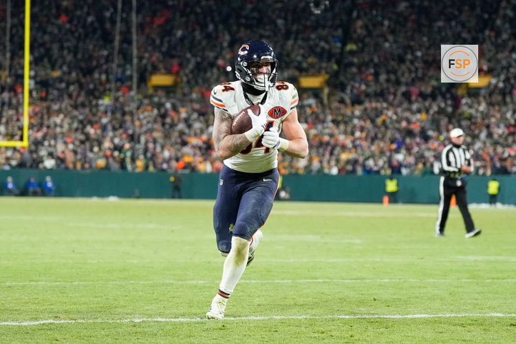 Dec 7, 2025; Green Bay, Wisconsin, USA; Chicago Bears tight end Colston Loveland (84) scores a touchdown in the fourth quarter against the Green Bay Packers at Lambeau Field. Credit: Jeff Hanisch-Imagn Images