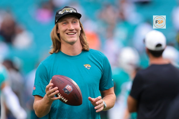 Aug 23, 2025; Miami Gardens, Florida, USA; Jacksonville Jaguars quarterback Trevor Lawrence (16) looks on from the field before the game against the Miami Dolphins at Hard Rock Stadium. Credit: Sam Navarro-Imagn Images