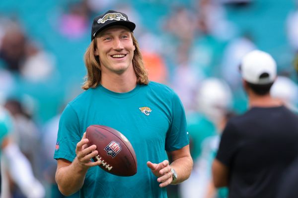 Aug 23, 2025; Miami Gardens, Florida, USA; Jacksonville Jaguars quarterback Trevor Lawrence (16) looks on from the field before the game against the Miami Dolphins at Hard Rock Stadium. Mandatory Credit: Sam Navarro-Imagn Images
