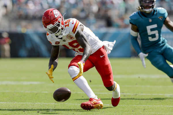 JACKSONVILLE, FL - SEPTEMBER 17: Kansas City Chiefs wide receiver Kadarius Toney (19) fumbles during the game between the Kansas City Chiefs and the Jacksonville Jaguars on September 17, 2023 at EverBank Stadium in Jacksonville, Fl. (Photo by David Rosenblum/Icon Sportswire)