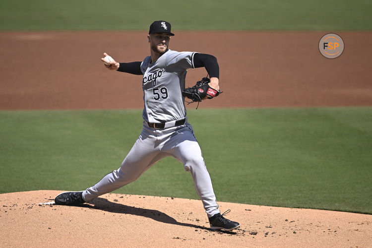 Sep 22, 2024; San Diego, California, USA; Chicago White Sox starting pitcher Sean Burke (59) pitches against the San Diego Padres during the first inning at Petco Park. Credit: Orlando Ramirez-Imagn Images