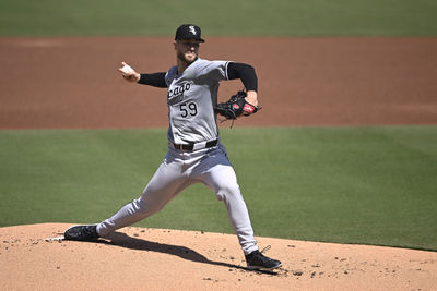 Sep 22, 2024; San Diego, California, USA; Chicago White Sox starting pitcher Sean Burke (59) pitches against the San Diego Padres during the first inning at Petco Park. Mandatory Credit: Orlando Ramirez-Imagn Images