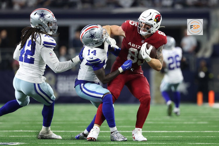 Nov 3, 2025; Arlington, Texas, USA; Arizona Cardinals tight end Trey McBride (85) runs against Dallas Cowboys safety Markquese Bell (14) in the second half at AT&T Stadium. Credit: Kevin Jairaj-Imagn Images