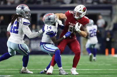 Nov 3, 2025; Arlington, Texas, USA; Arizona Cardinals tight end Trey McBride (85) runs against Dallas Cowboys safety Markquese Bell (14) in the second half at AT&T Stadium. Mandatory Credit: Kevin Jairaj-Imagn Images