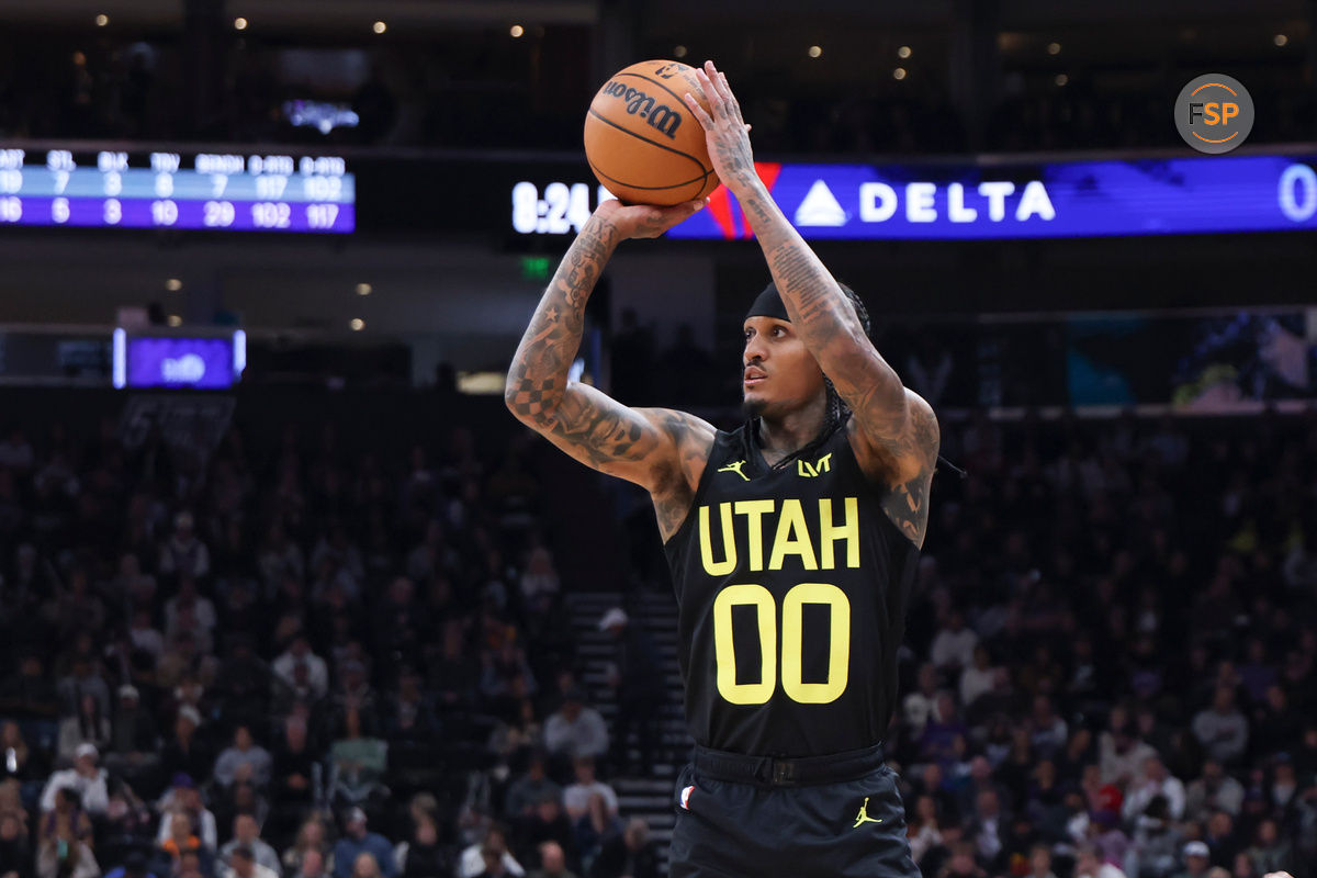 Oct 29, 2024; Salt Lake City, Utah, USA; Utah Jazz guard Jordan Clarkson (00) takes a three point shot against the Sacramento Kings during the third quarter at Delta Center. Credit: Rob Gray-Imagn Images