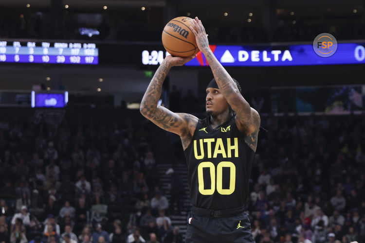 Oct 29, 2024; Salt Lake City, Utah, USA; Utah Jazz guard Jordan Clarkson (00) takes a three point shot against the Sacramento Kings during the third quarter at Delta Center. Credit: Rob Gray-Imagn Images