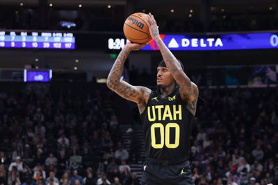 Oct 29, 2024; Salt Lake City, Utah, USA; Utah Jazz guard Jordan Clarkson (00) takes a three point shot against the Sacramento Kings during the third quarter at Delta Center. Mandatory Credit: Rob Gray-Imagn Images