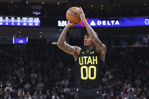 Oct 29, 2024; Salt Lake City, Utah, USA; Utah Jazz guard Jordan Clarkson (00) takes a three point shot against the Sacramento Kings during the third quarter at Delta Center. Mandatory Credit: Rob Gray-Imagn Images