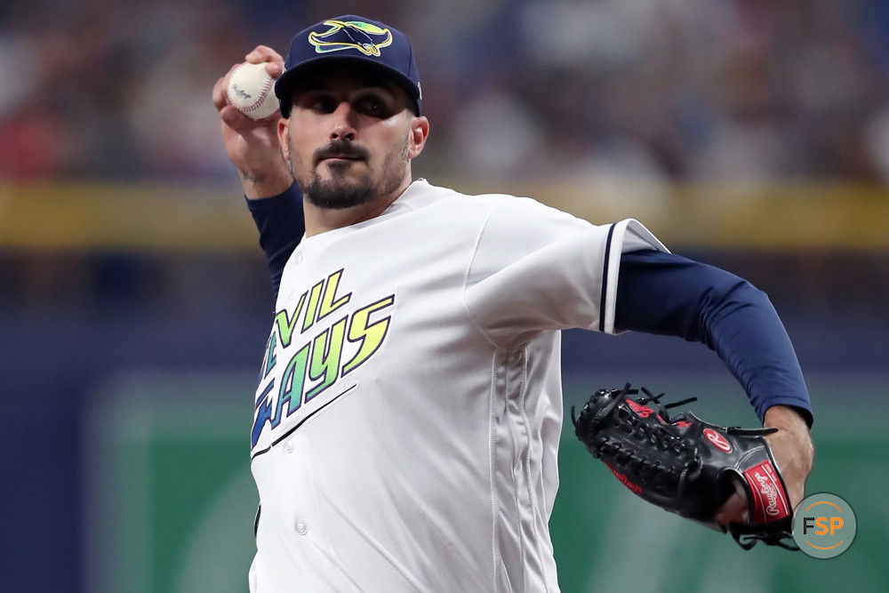 ST. PETERSBURG, FL - August 25: Tampa Bay Rays Pitcher Zach Eflin (24) delivers a pitch to the plate during the MLB regular season game between the New York Yankees and the Tampa Bay Rays on August 25, 2023, at Tropicana Field in St. Petersburg, FL. (Photo by Cliff Welch/Icon Sportswire)