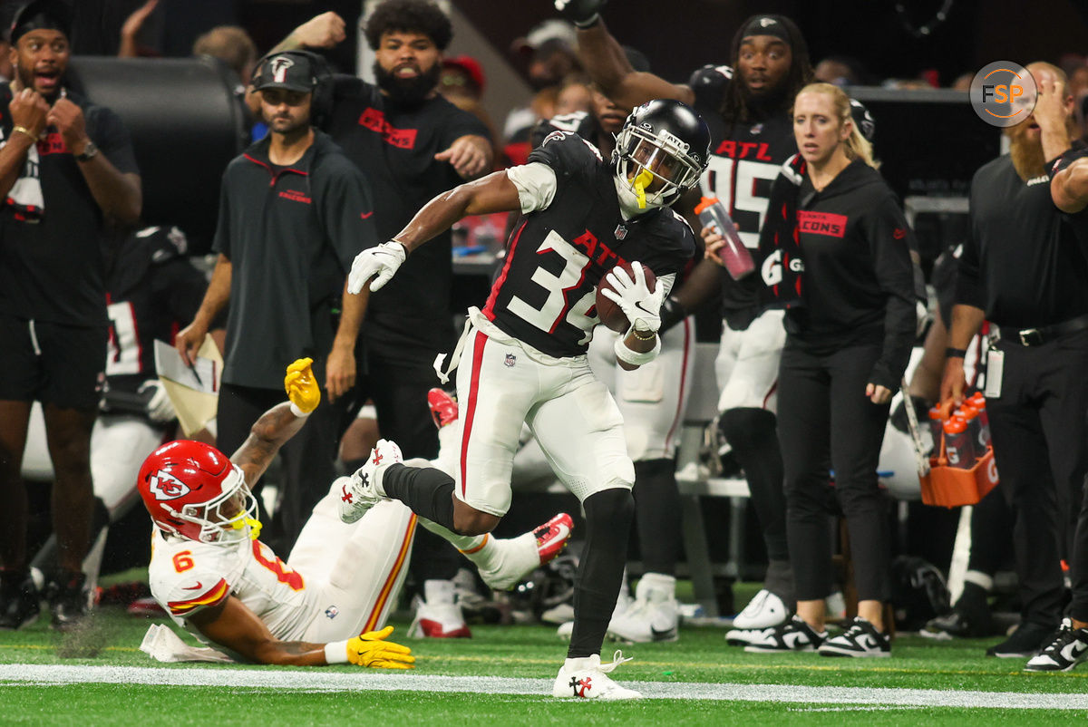 Sep 22, 2024; Atlanta, Georgia, USA; Atlanta Falcons wide receiver Ray-Ray McCloud III (34) runs after a catch against the Kansas City Chiefs in the fourth quarter at Mercedes-Benz Stadium. Credit: Brett Davis-Imagn Images