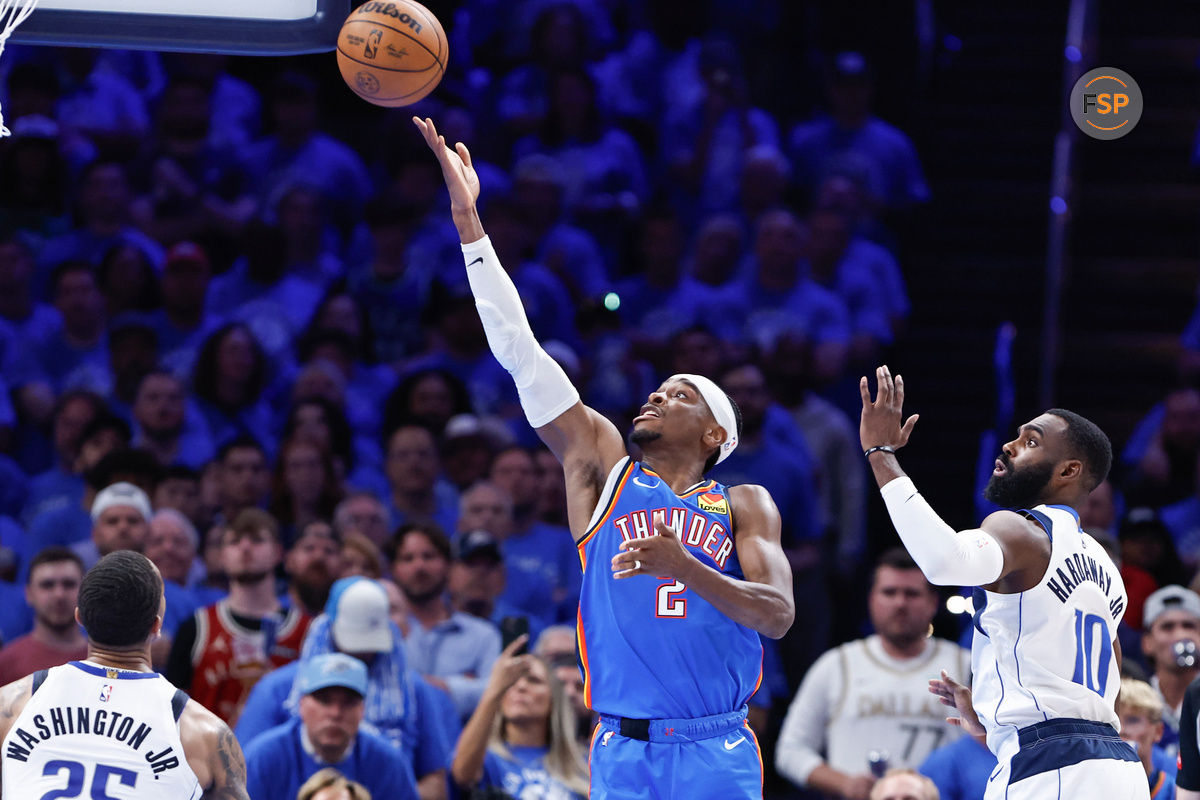 May 9, 2024; Oklahoma City, Oklahoma, USA; Oklahoma City Thunder guard Shai Gilgeous-Alexander (2) shoots against the Dallas Mavericks during the second half of game two of the second round for the 2024 NBA playoffs at Paycom Center. Credit: Alonzo Adams-USA TODAY Sports