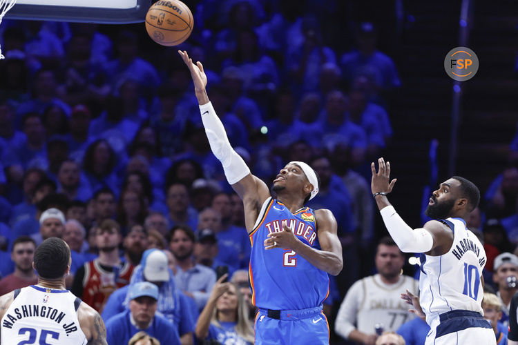 May 9, 2024; Oklahoma City, Oklahoma, USA; Oklahoma City Thunder guard Shai Gilgeous-Alexander (2) shoots against the Dallas Mavericks during the second half of game two of the second round for the 2024 NBA playoffs at Paycom Center. Credit: Alonzo Adams-USA TODAY Sports