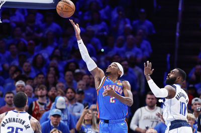 May 9, 2024; Oklahoma City, Oklahoma, USA; Oklahoma City Thunder guard Shai Gilgeous-Alexander (2) shoots against the Dallas Mavericks during the second half of game two of the second round for the 2024 NBA playoffs at Paycom Center. Mandatory Credit: Alonzo Adams-USA TODAY Sports