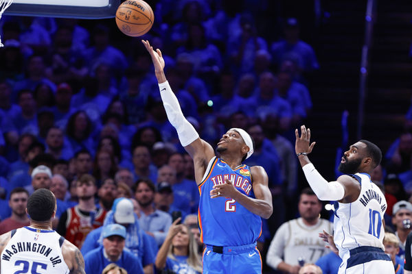 May 9, 2024; Oklahoma City, Oklahoma, USA; Oklahoma City Thunder guard Shai Gilgeous-Alexander (2) shoots against the Dallas Mavericks during the second half of game two of the second round for the 2024 NBA playoffs at Paycom Center. Mandatory Credit: Alonzo Adams-USA TODAY Sports