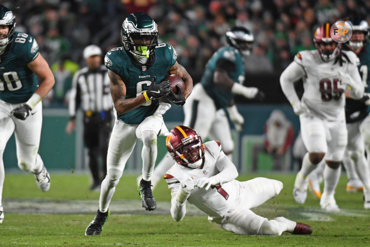 Nov 14, 2024; Philadelphia, Pennsylvania, USA; Philadelphia Eagles wide receiver DeVonta Smith (6) picks up yards after catch against the Washington Commanders during the second quarter at Lincoln Financial Field. Credit: Eric Hartline-Imagn Images