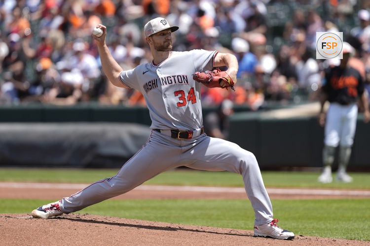 May 18, 2025; Baltimore, Maryland, USA; Washington Nationals pitcher Michael Soroka (34) delivers a pitch against the Baltimore Orioles during the first inning at Oriole Park at Camden Yards. Credit: Gregory Fisher-Imagn Images