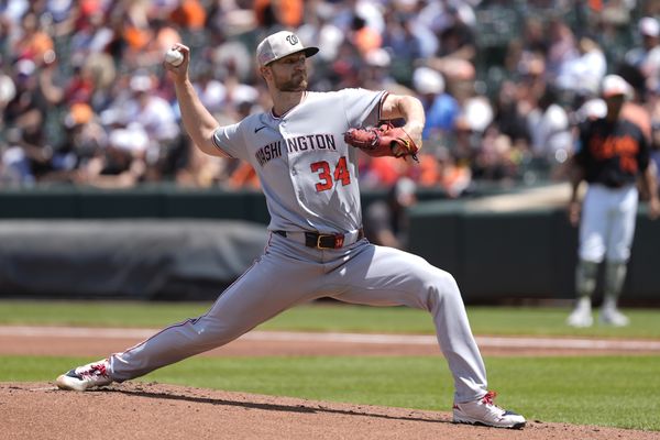 May 18, 2025; Baltimore, Maryland, USA; Washington Nationals pitcher Michael Soroka (34) delivers a pitch against the Baltimore Orioles during the first inning at Oriole Park at Camden Yards. Mandatory Credit: Gregory Fisher-Imagn Images